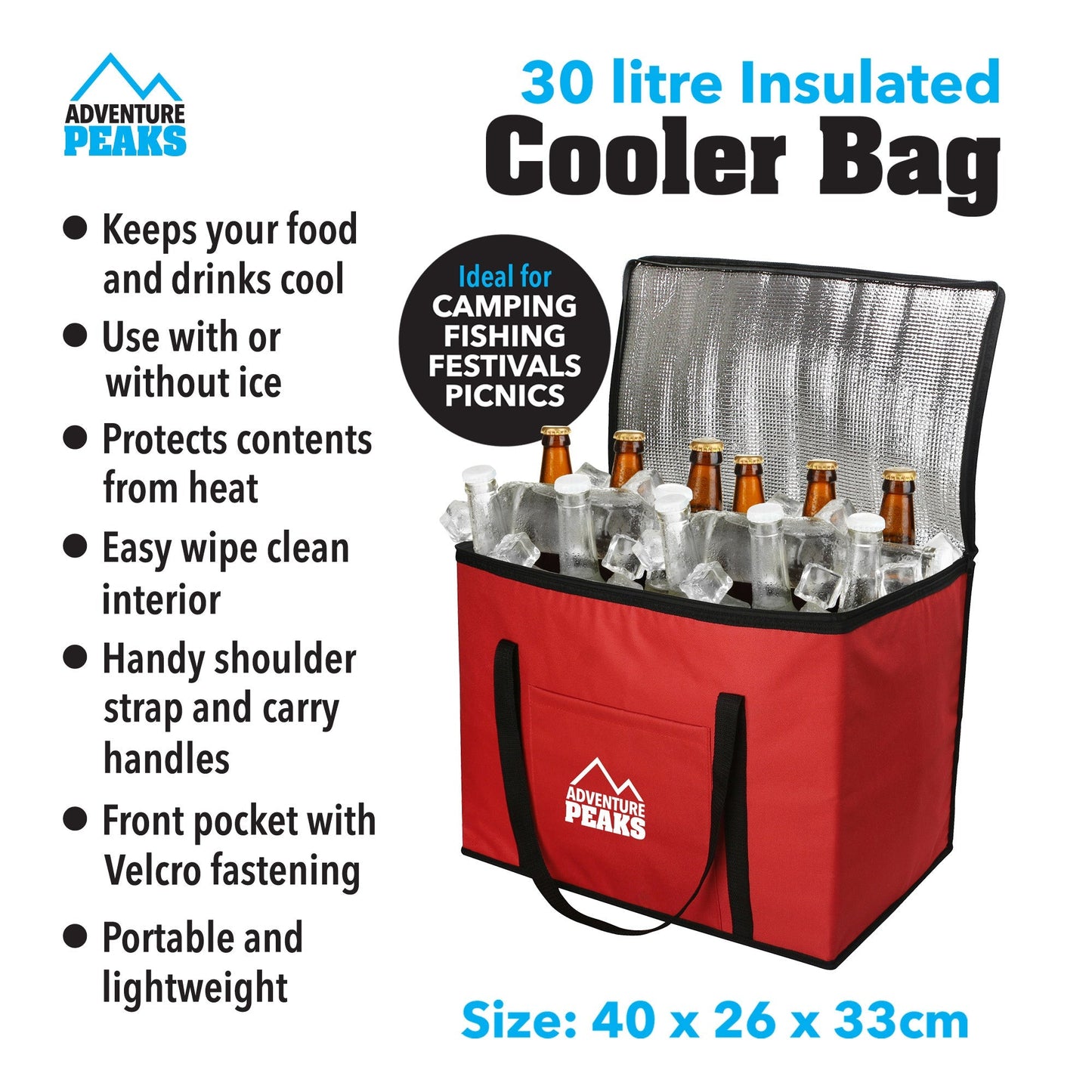 Insulated Camping Cooler Bag 30L 40 x 26 x 33cm Red 6606 (Parcel Rate)
