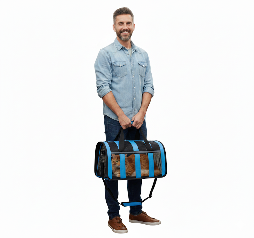 Pet Dog Cat Foldable Striped and Mesh Carrier Case with Handle and Shoulder Strap 48.5 x 26 x 27cm Assorted Colours 8050 (Big Parcel Rate)