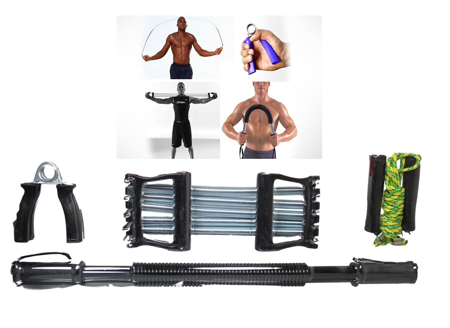 Training Gym Exercise Workout Set of 4 Handgrips Jump Rope Chest Expander Power Twister 5224 A W25 (Parcel Rate )