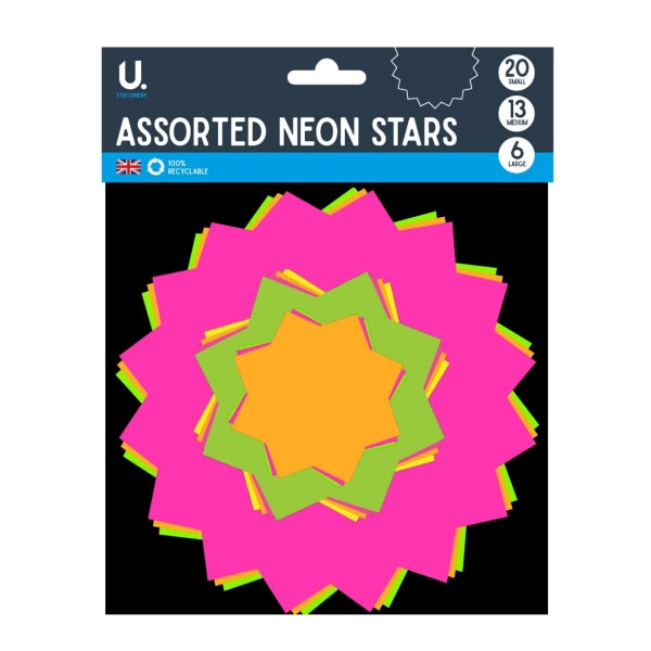 Assorted Paper Neon Coloured Stars Pack of 39 Assorted Sizes and Colours P2052 (Large Letter Rate)