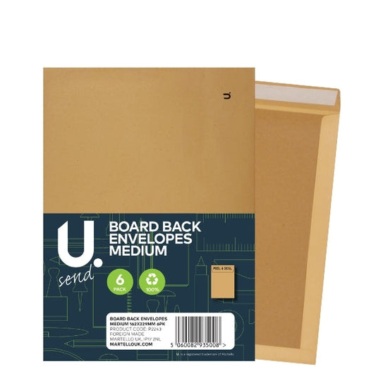 Board Back Envelopes Medium 162 x 229mm Pack of 6 P2243 (Large Letter Rate)